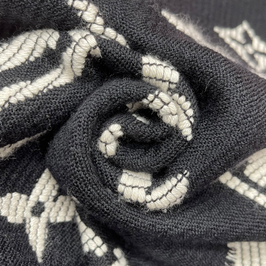 Louis Vuitton Monogram Scarf - Black and White Luxury Winter Scarf with Fringe Detail