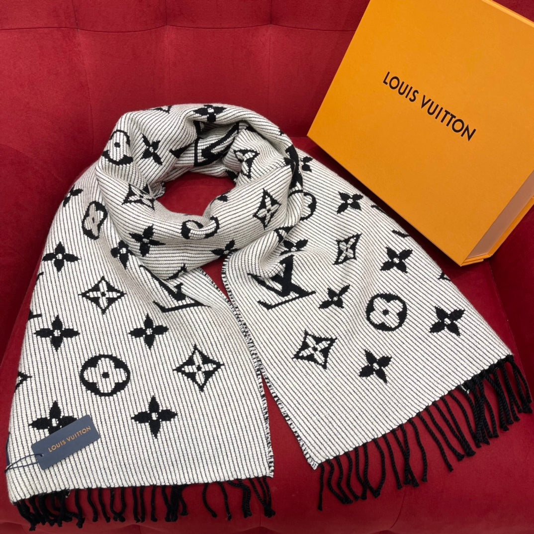 Louis Vuitton Monogram Scarf - Black and White Luxury Winter Scarf with Fringe Detail