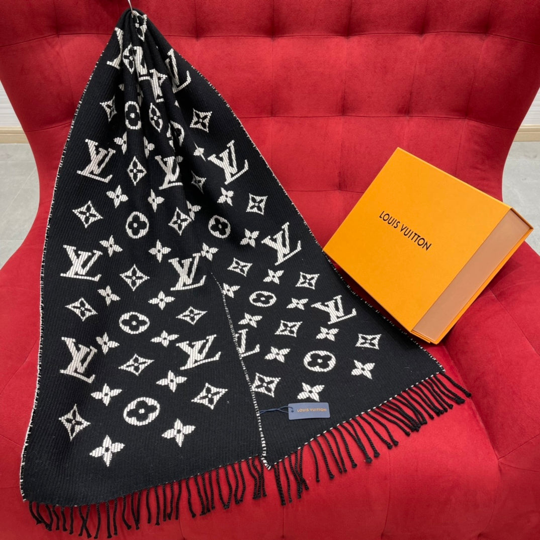 Louis Vuitton Monogram Scarf - Black and White Luxury Winter Scarf with Fringe Detail