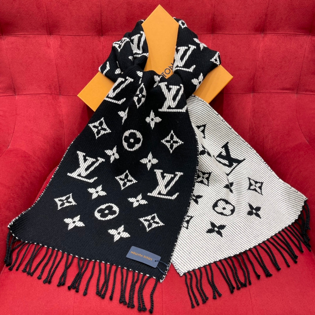 Louis Vuitton Monogram Scarf - Black and White Luxury Winter Scarf with Fringe Detail