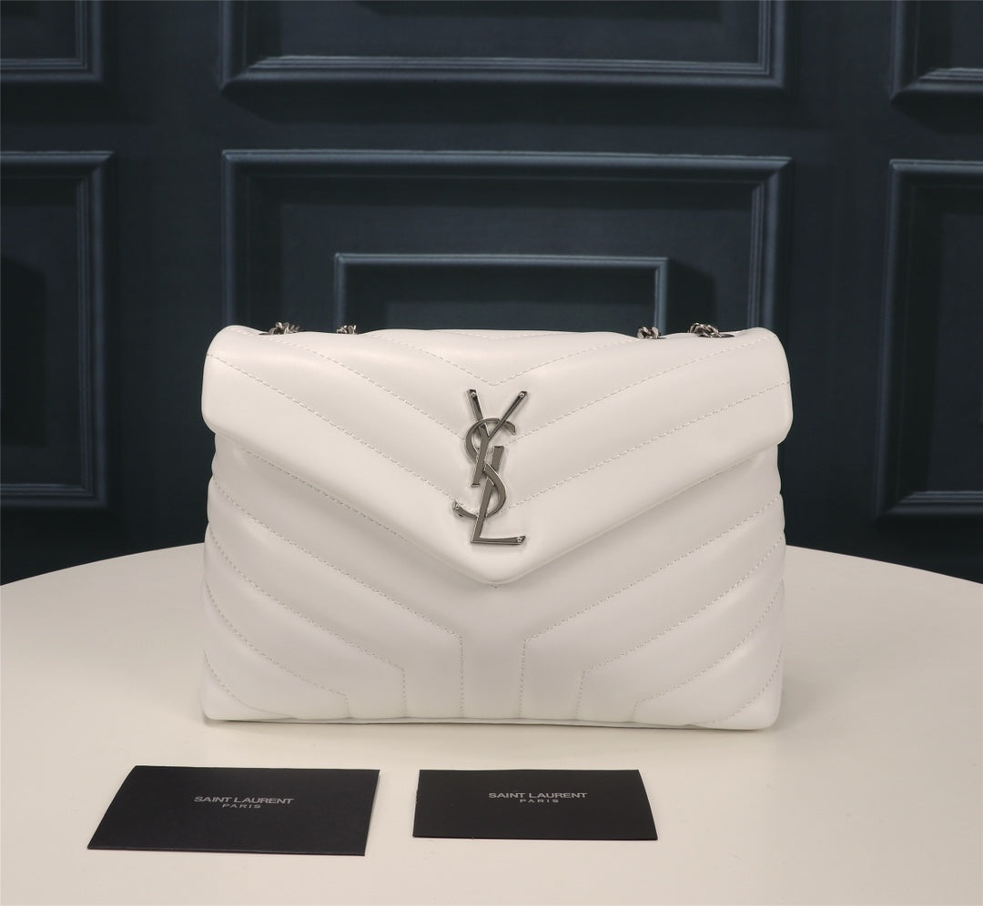 Saint Laurent Loulou Medium Shoulder Bag in Quilted White Leather with Silver Hardware