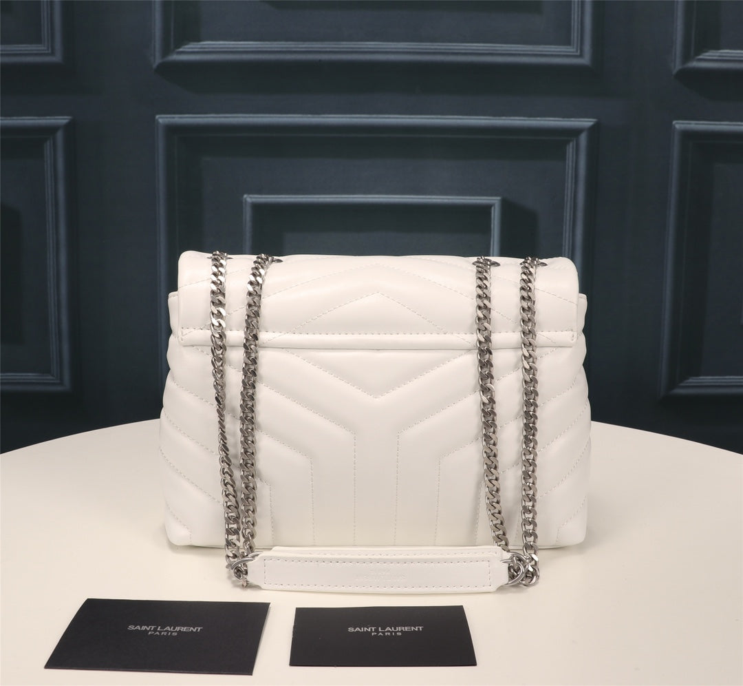 Saint Laurent Loulou Medium Shoulder Bag in Quilted White Leather with Silver Hardware