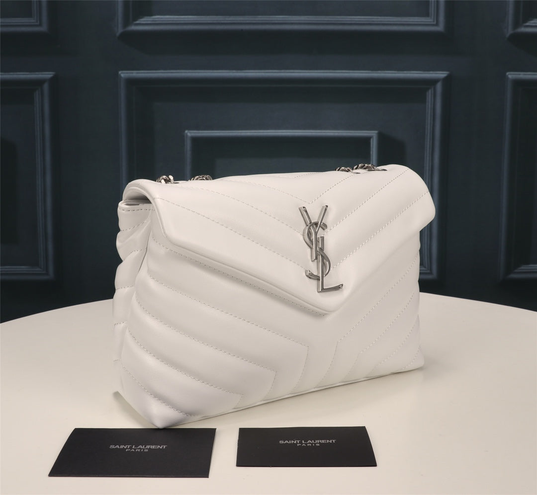 Saint Laurent Loulou Medium Shoulder Bag in Quilted White Leather with Silver Hardware