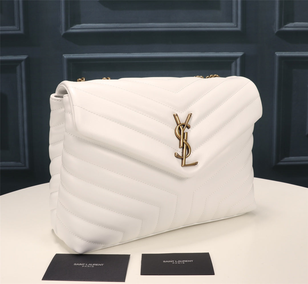 Saint Laurent Loulou Small Matelassé Leather Shoulder Bag - White/Gold
