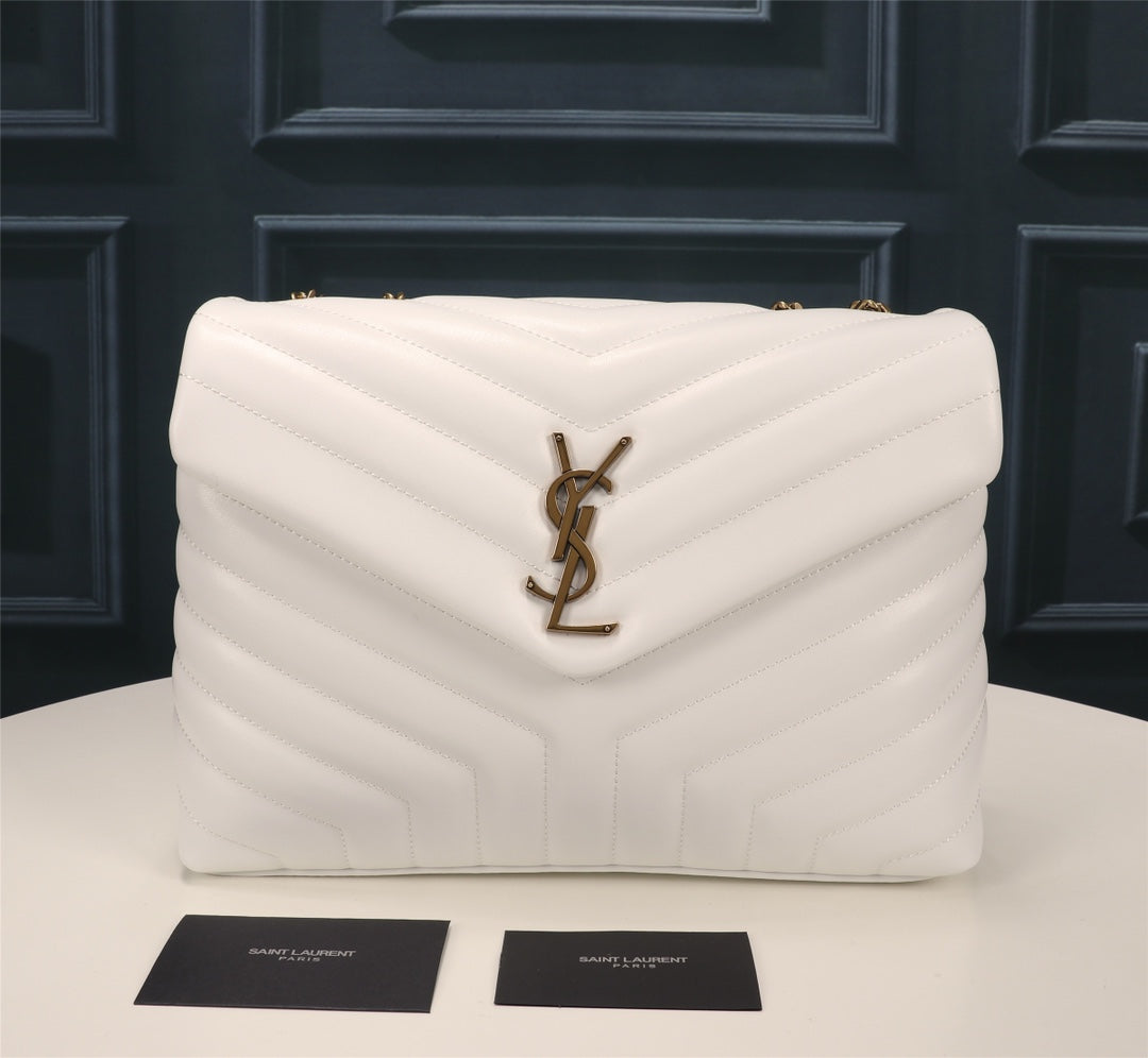 Saint Laurent Loulou Small Matelassé Leather Shoulder Bag - White/Gold