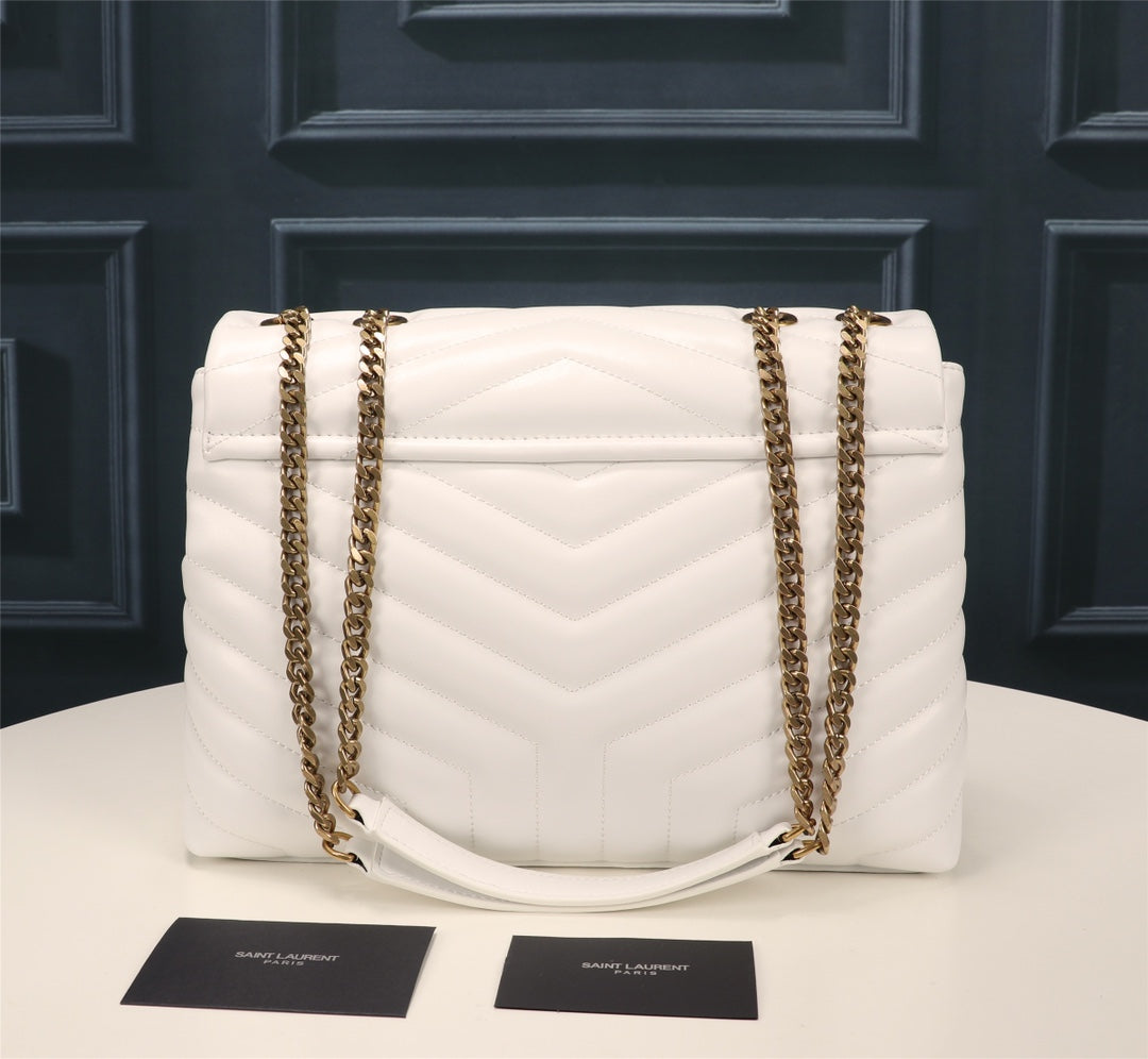 Saint Laurent Loulou Small Matelassé Leather Shoulder Bag - White/Gold