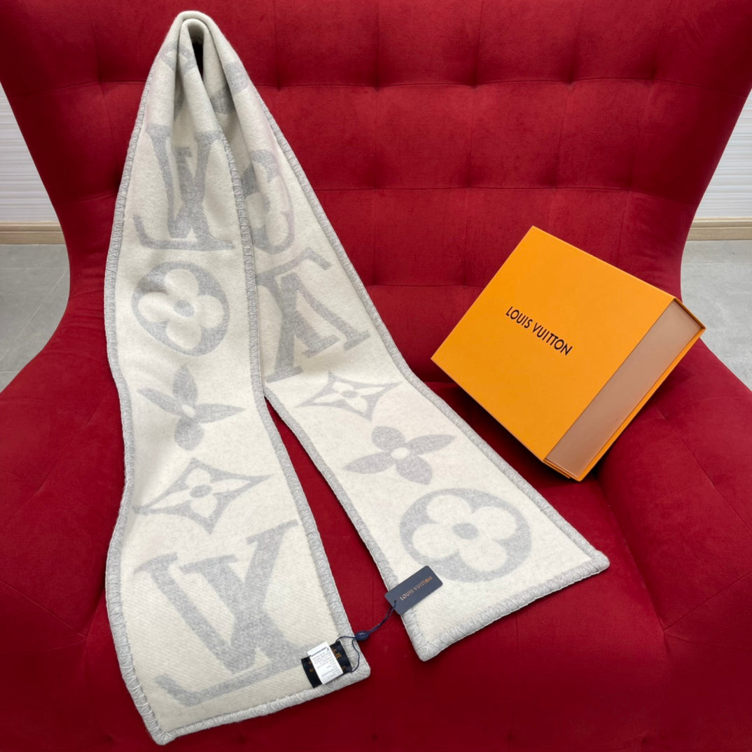 Louis Vuitton Logomania Monogram Scarf - Light Grey &amp; White Wool Cashmere Knit Designer Winter Scarf