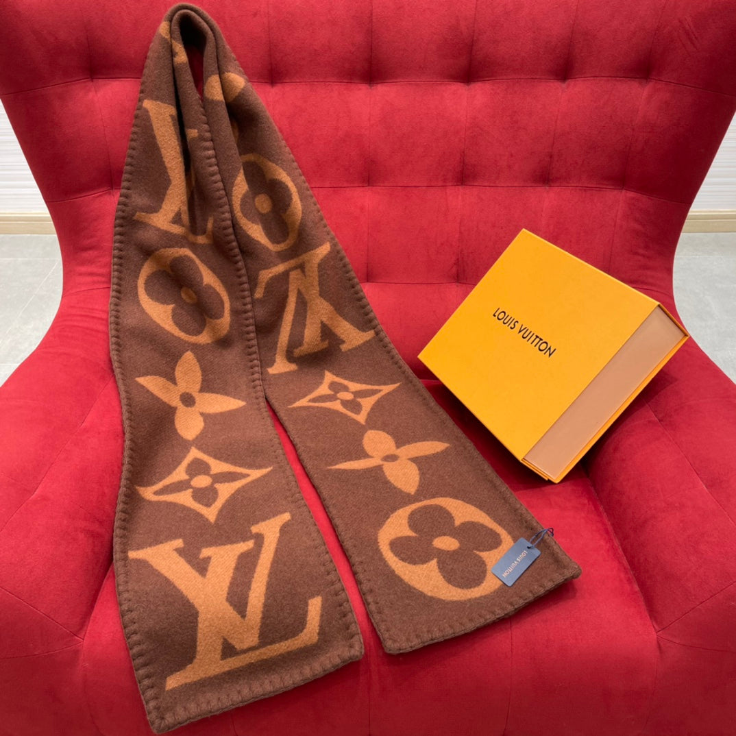 Louis Vuitton Logomania Monogram Scarf - Brown and Tan Designer Wool Blend Winter Scarf