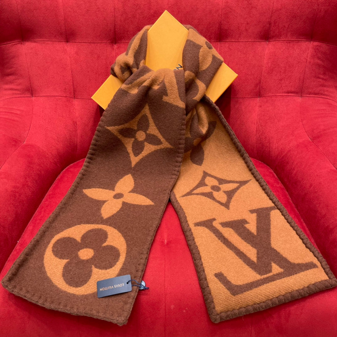 Louis Vuitton Logomania Monogram Scarf - Brown and Tan Designer Wool Blend Winter Scarf