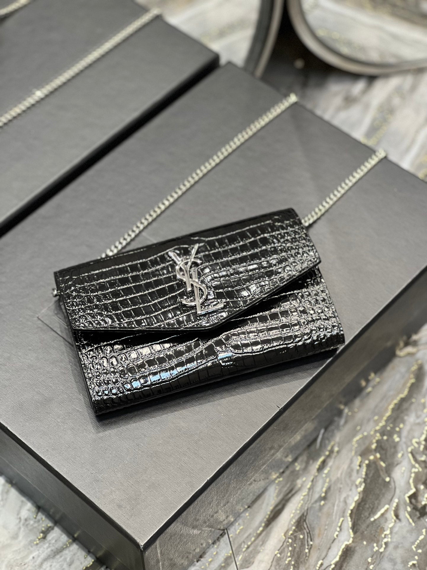 Saint Laurent Cassandre Small Envelope Wallet in Shiny Crocodile-Embossed Leather - Black