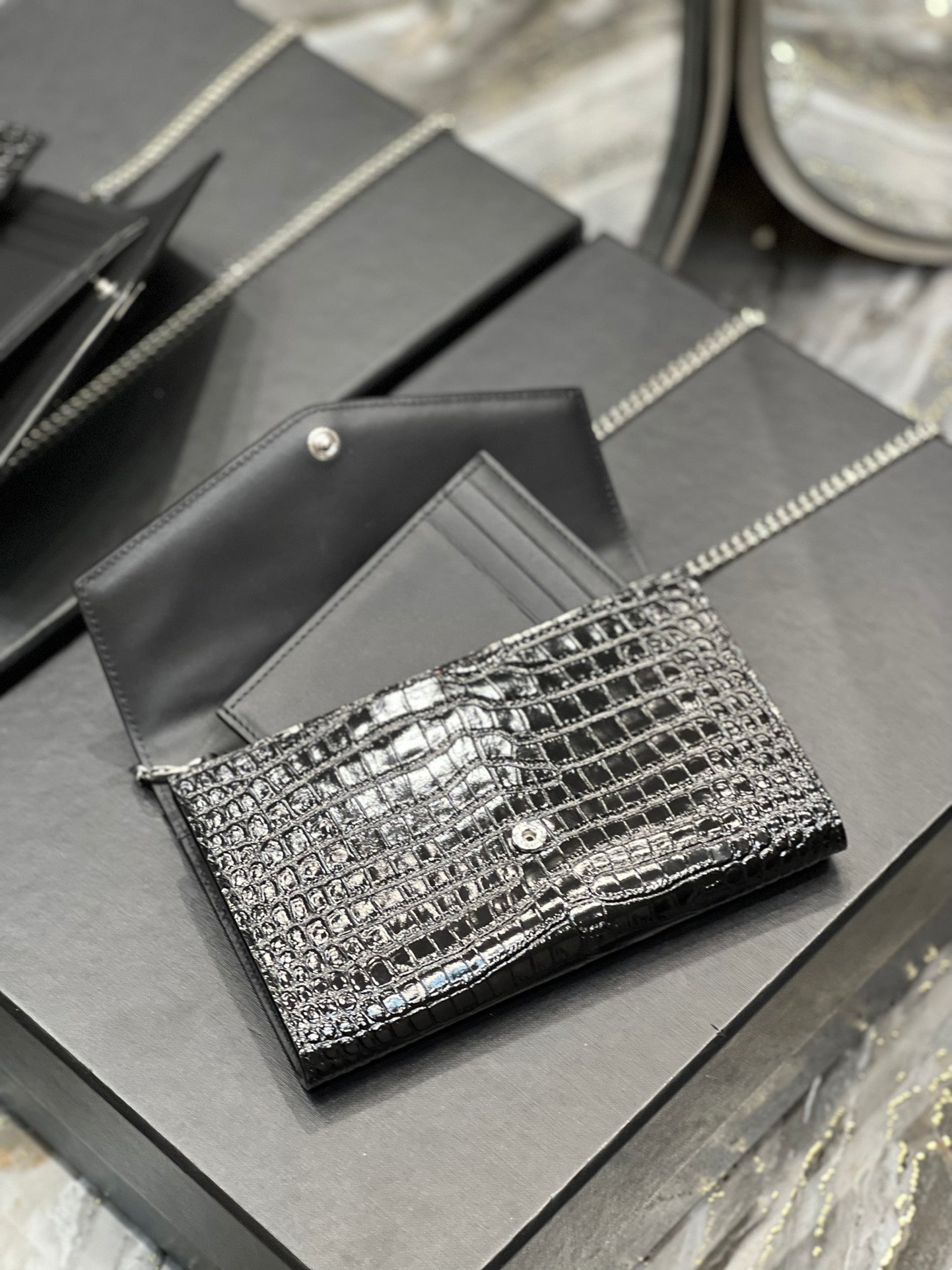 Saint Laurent Cassandre Small Envelope Wallet in Shiny Crocodile-Embossed Leather - Black