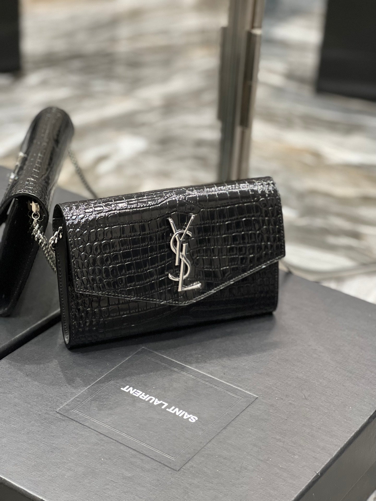 Saint Laurent Cassandre Small Envelope Wallet in Shiny Crocodile-Embossed Leather - Black