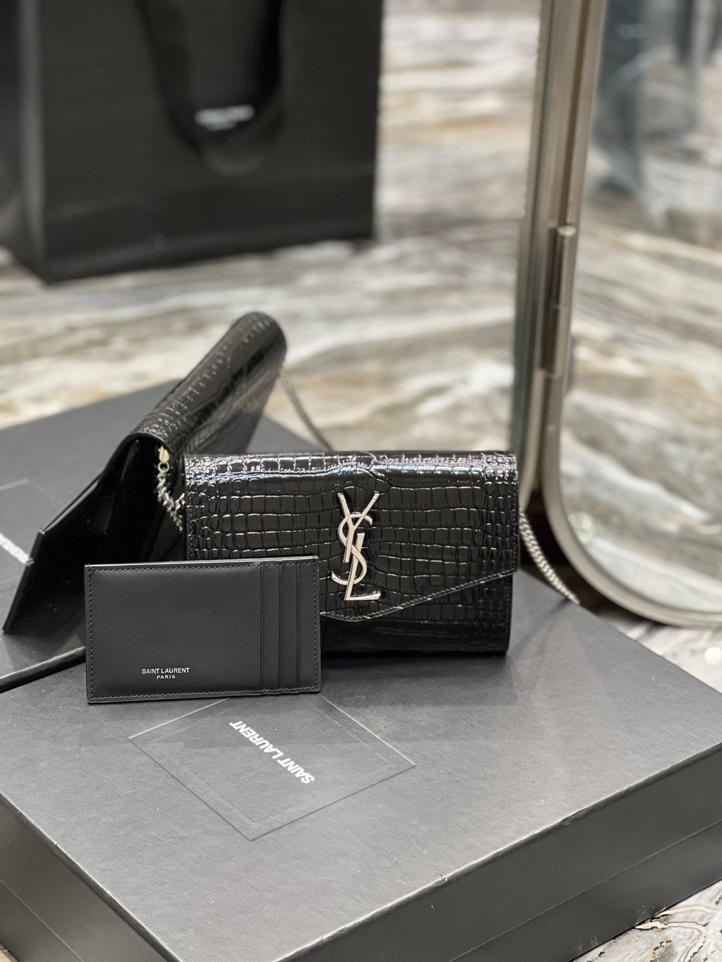 Saint Laurent Cassandre Small Envelope Wallet in Shiny Crocodile-Embossed Leather - Black