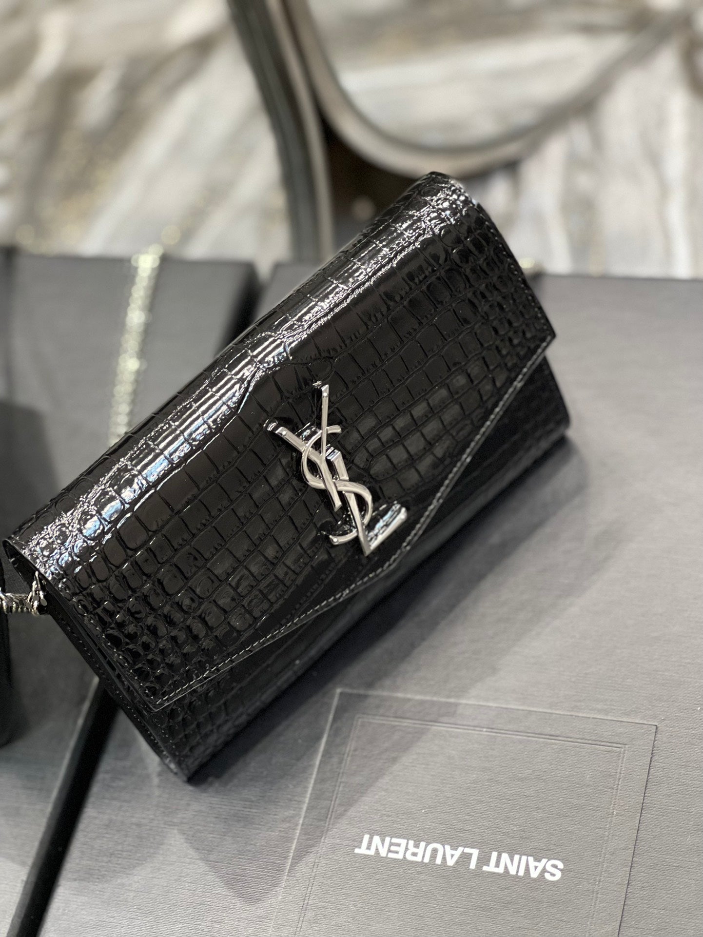 Saint Laurent Cassandre Small Envelope Wallet in Shiny Crocodile-Embossed Leather - Black