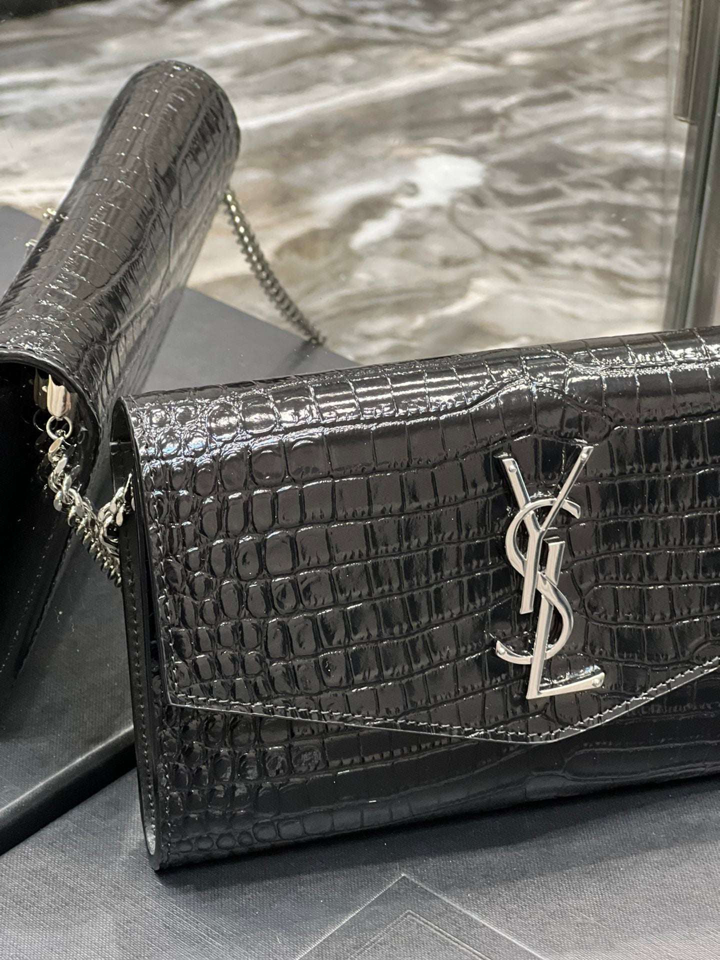 Saint Laurent Cassandre Small Envelope Wallet in Shiny Crocodile-Embossed Leather - Black