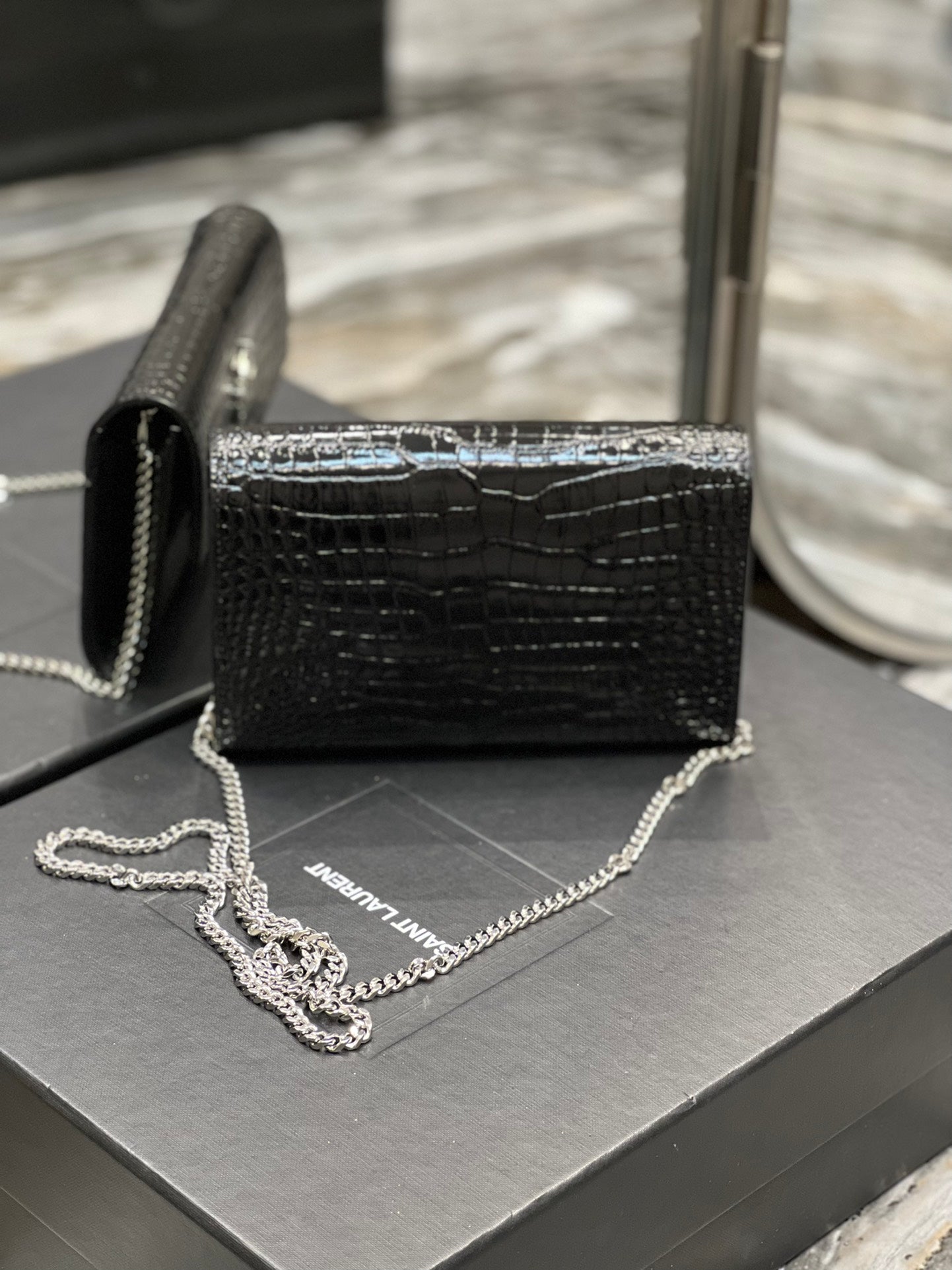 Saint Laurent Cassandre Small Envelope Wallet in Shiny Crocodile-Embossed Leather - Black