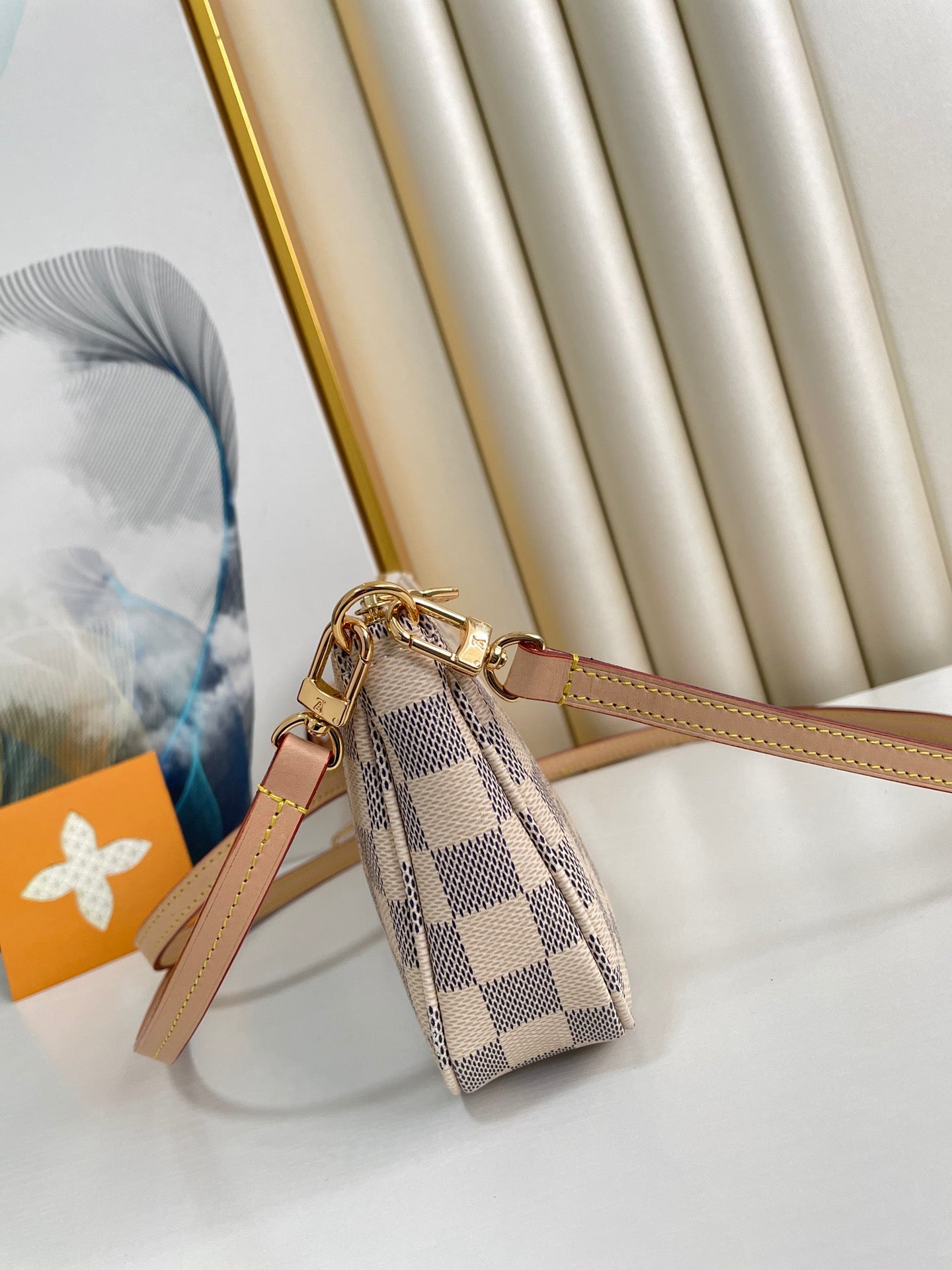 Luxury Checkered Mini Pochette Accessoires - Beige and Grey Canvas Handbag