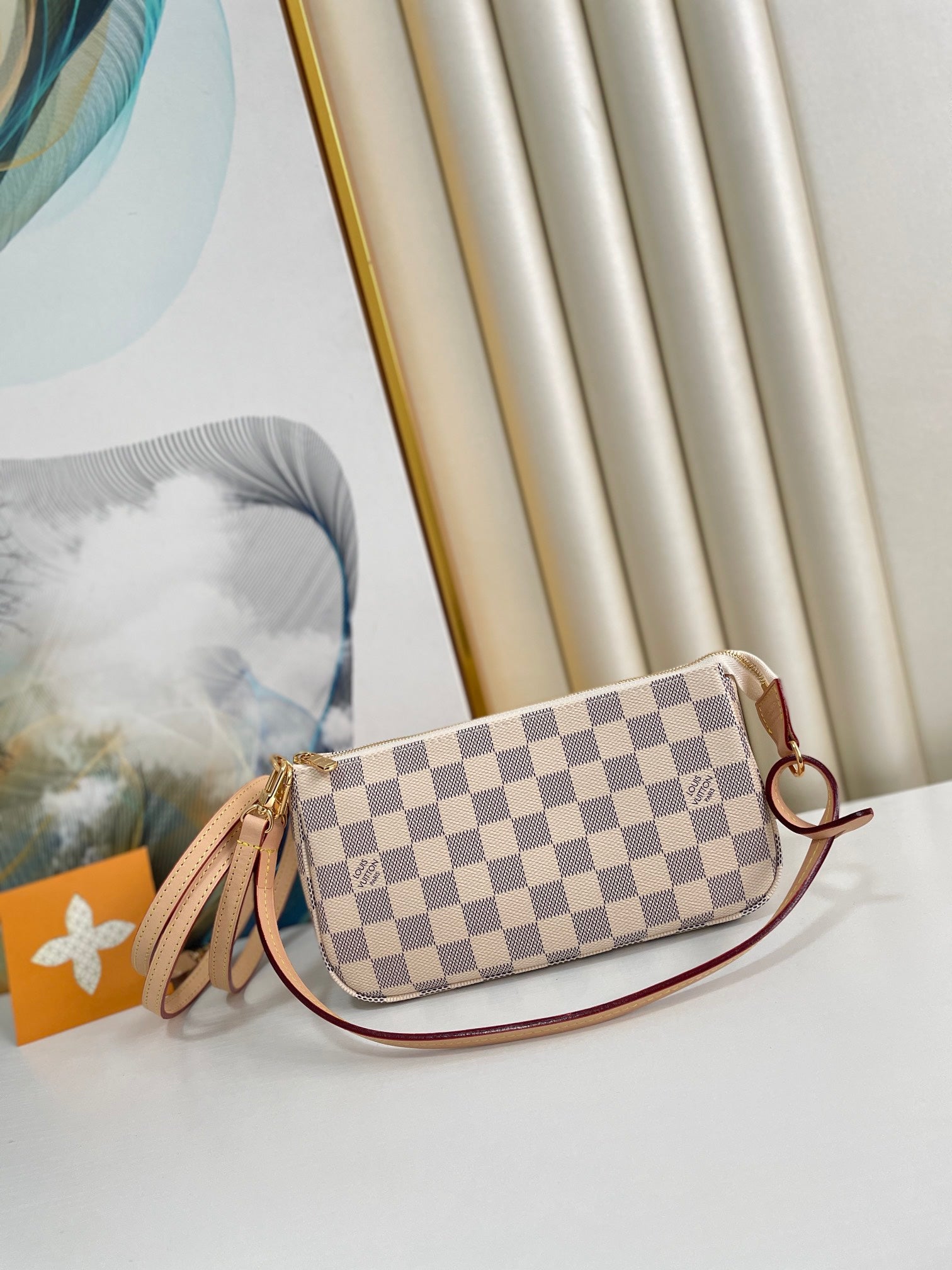 Luxury Checkered Mini Pochette Accessoires - Beige and Grey Canvas Handbag