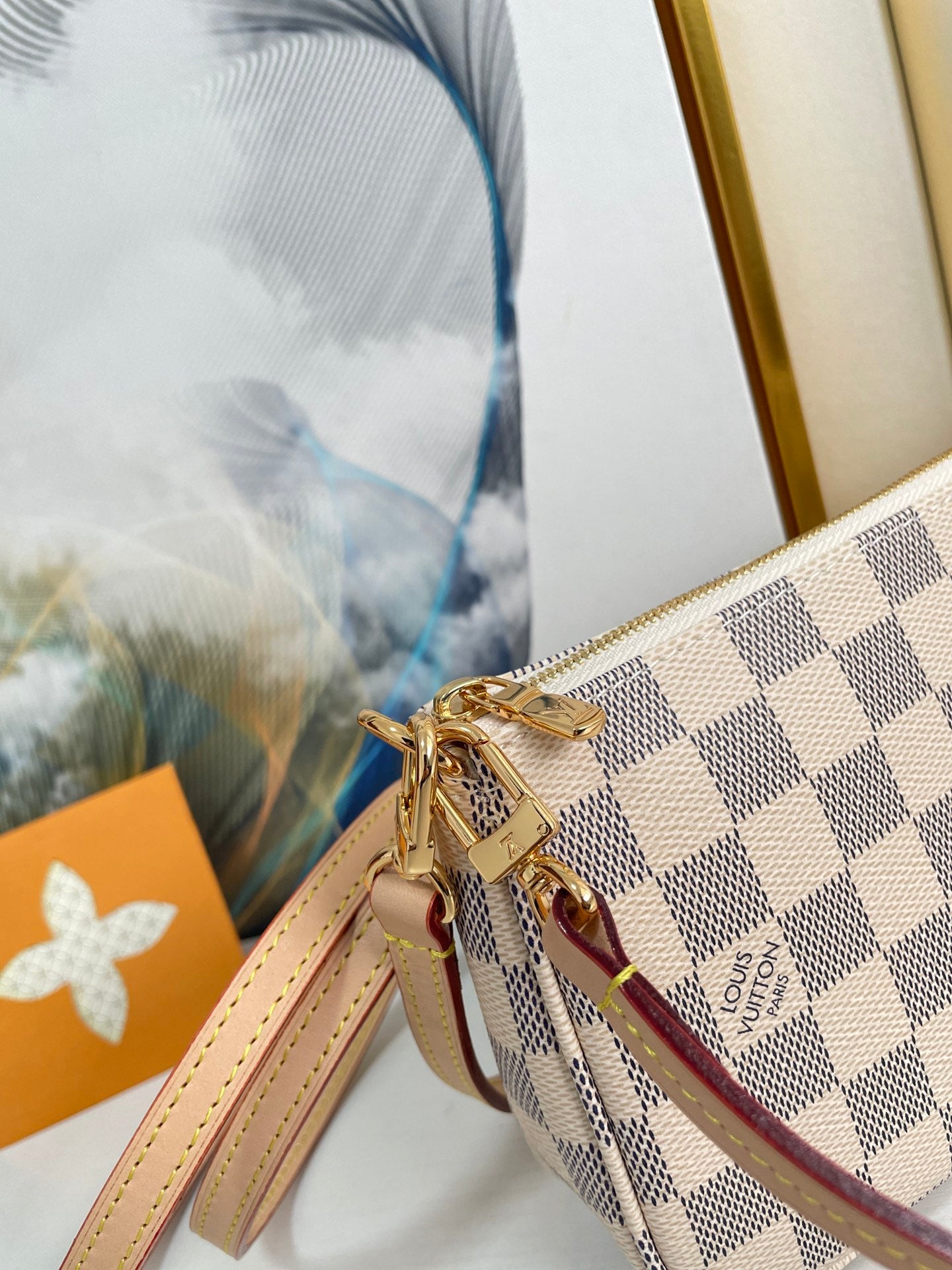 Luxury Checkered Mini Pochette Accessoires - Beige and Grey Canvas Handbag