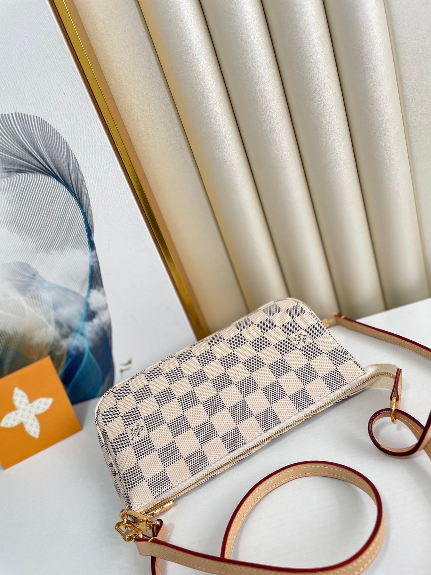Luxury Checkered Mini Pochette Accessoires - Beige and Grey Canvas Handbag