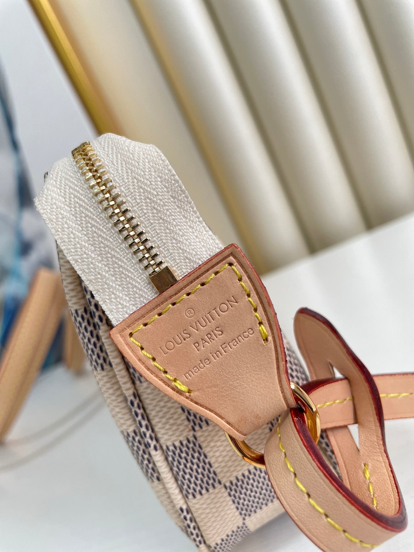 Luxury Checkered Mini Pochette Accessoires - Beige and Grey Canvas Handbag
