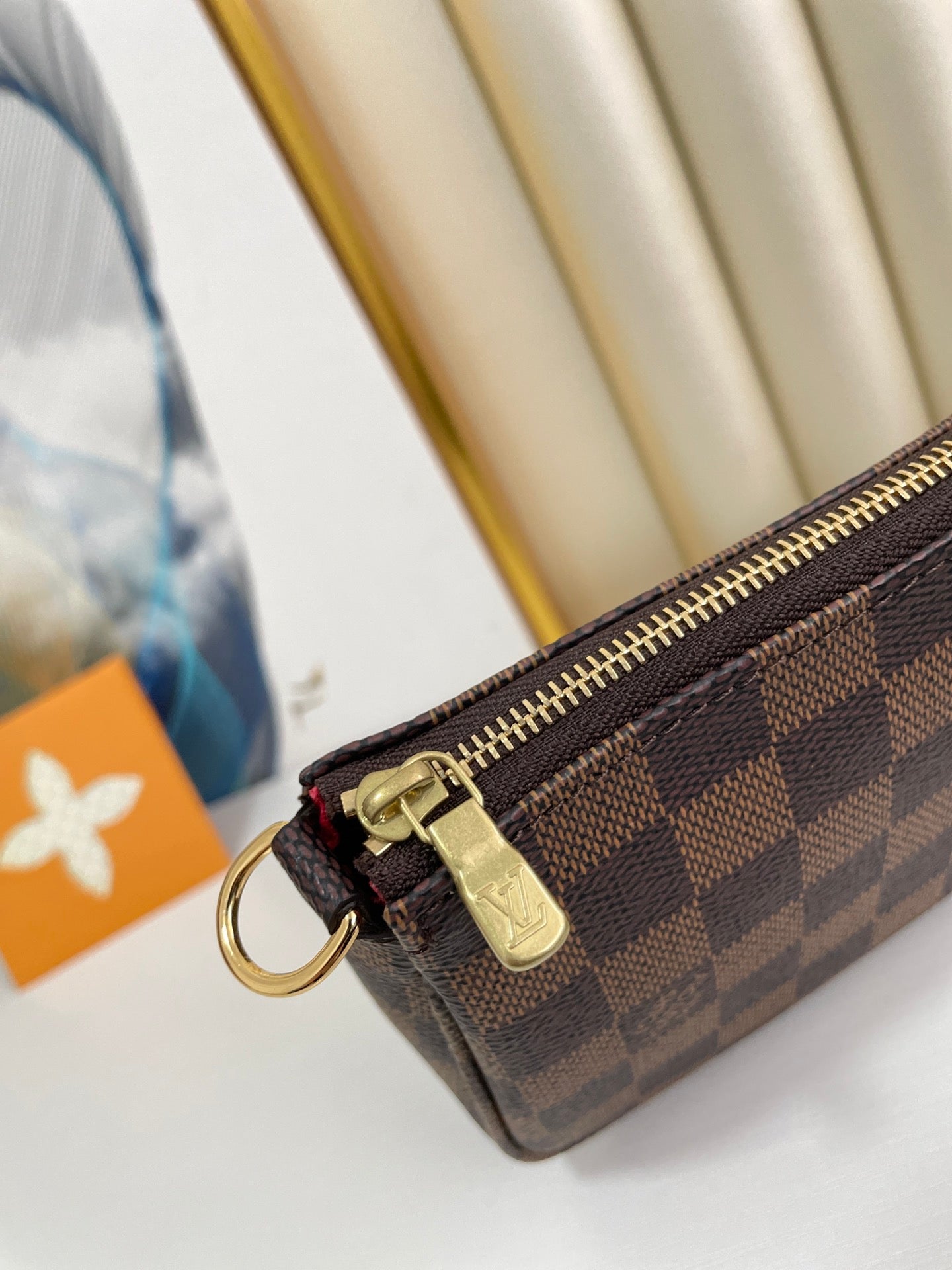 Luxury Damier Ebène Style Brown Checkered Canvas Mini Pochette with Leather Strap