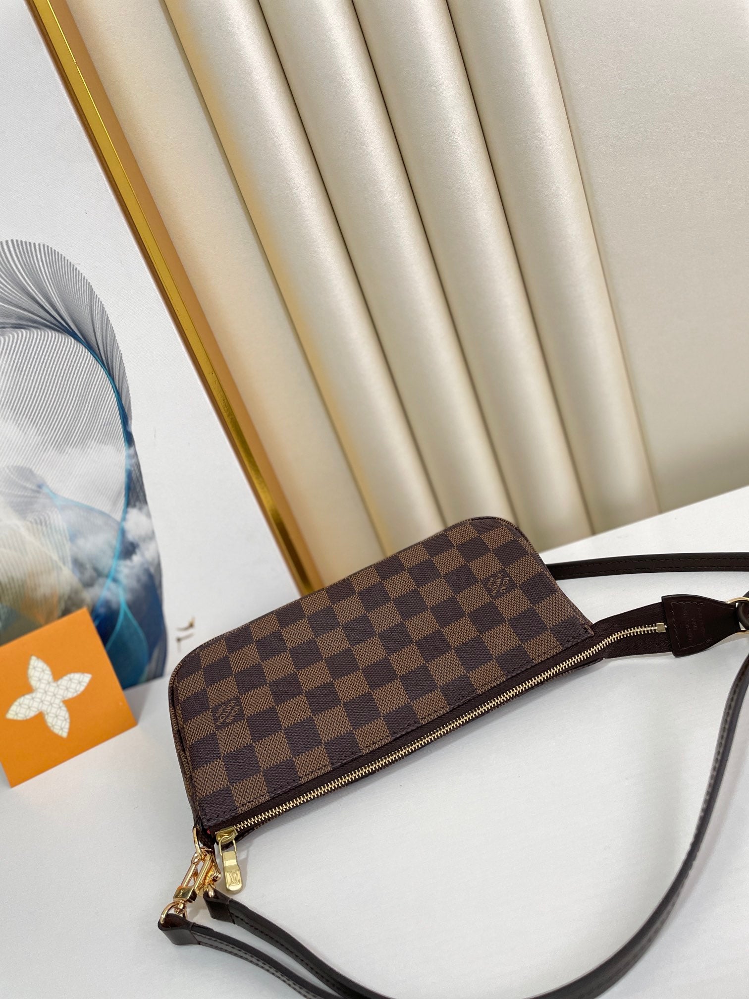 Luxury Damier Ebène Style Brown Checkered Canvas Mini Pochette with Leather Strap