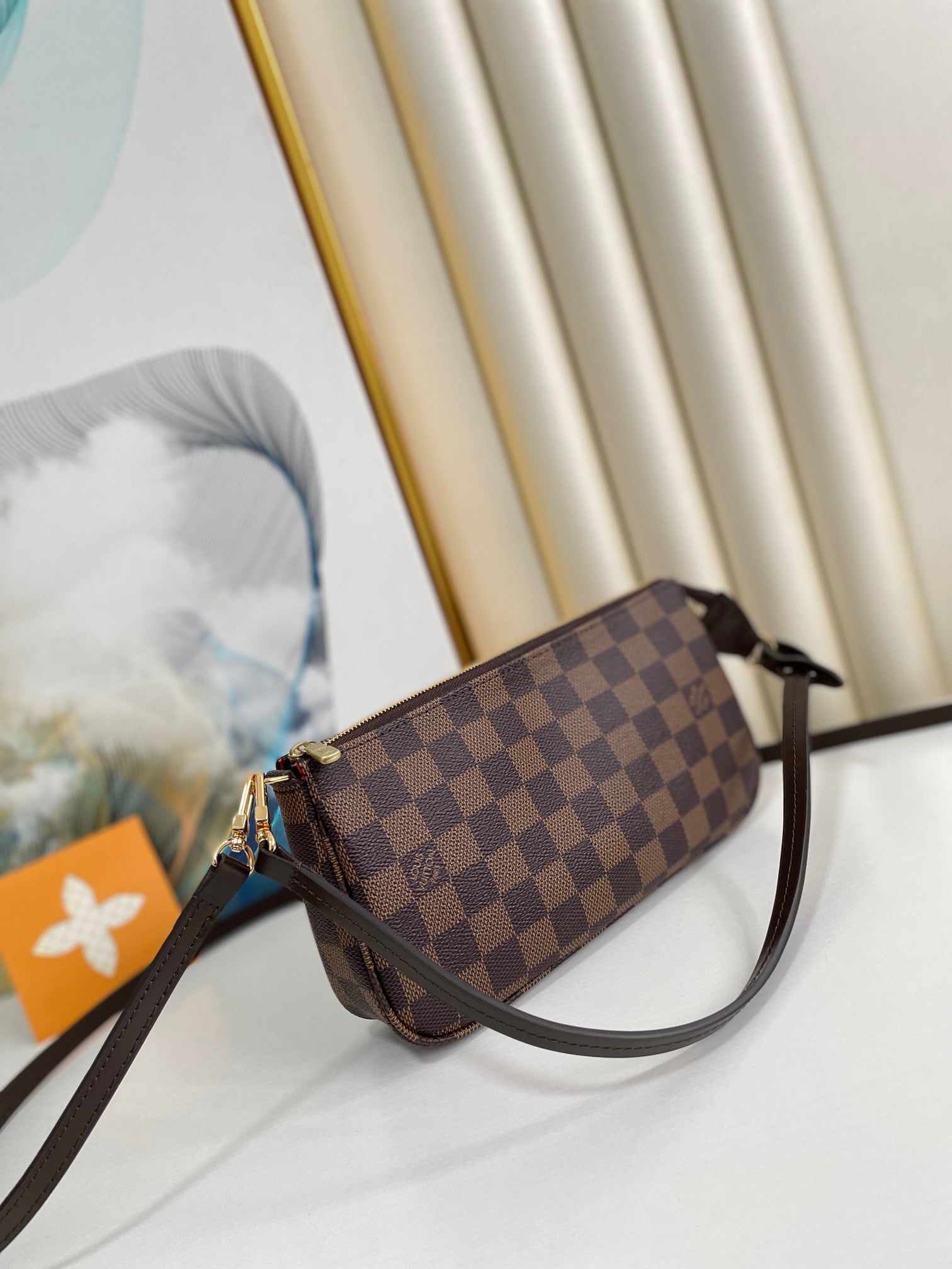 Luxury Damier Ebène Style Brown Checkered Canvas Mini Pochette with Leather Strap