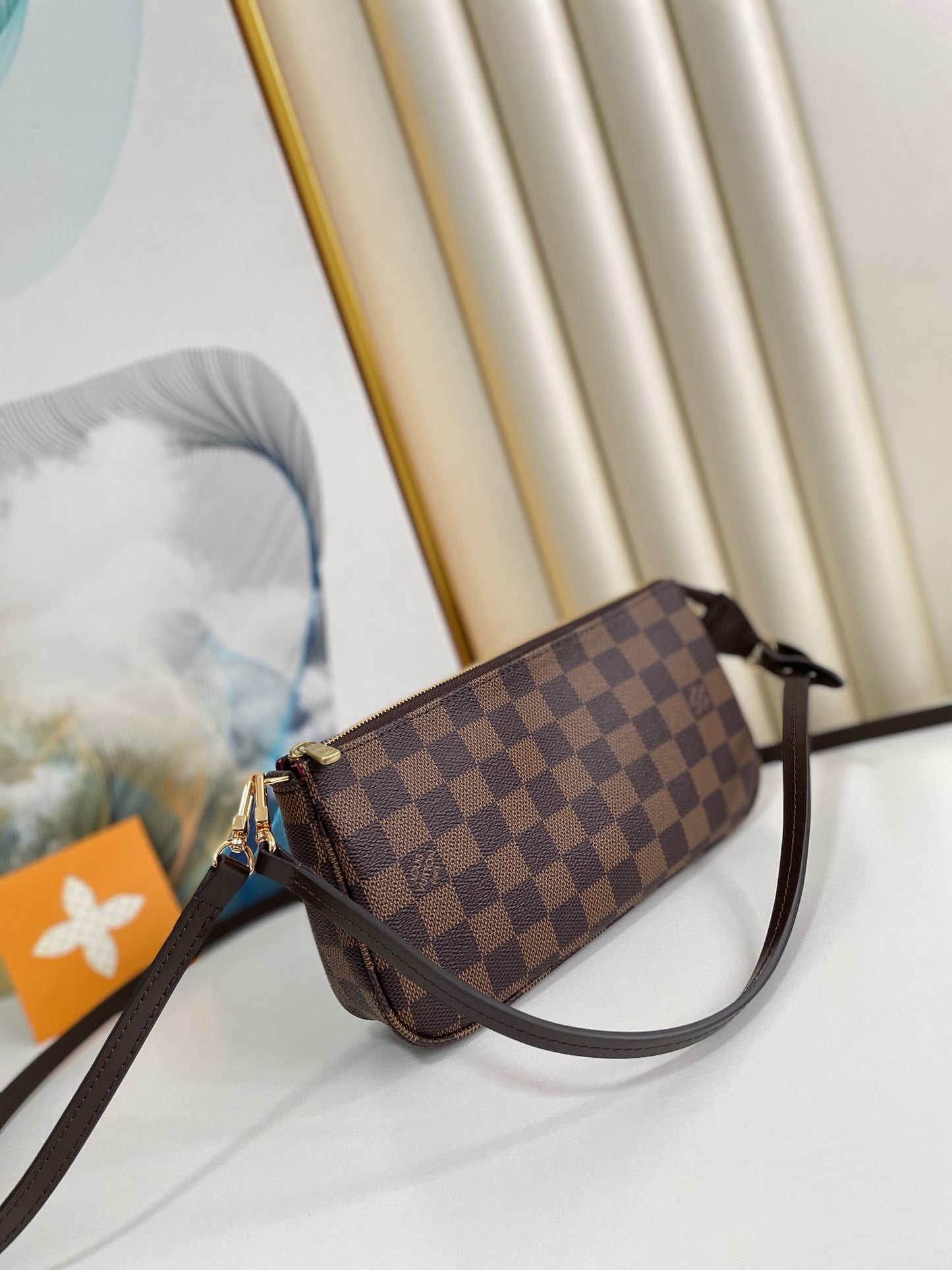 Luxury Damier Ebène Style Brown Checkered Canvas Mini Pochette with Leather Strap