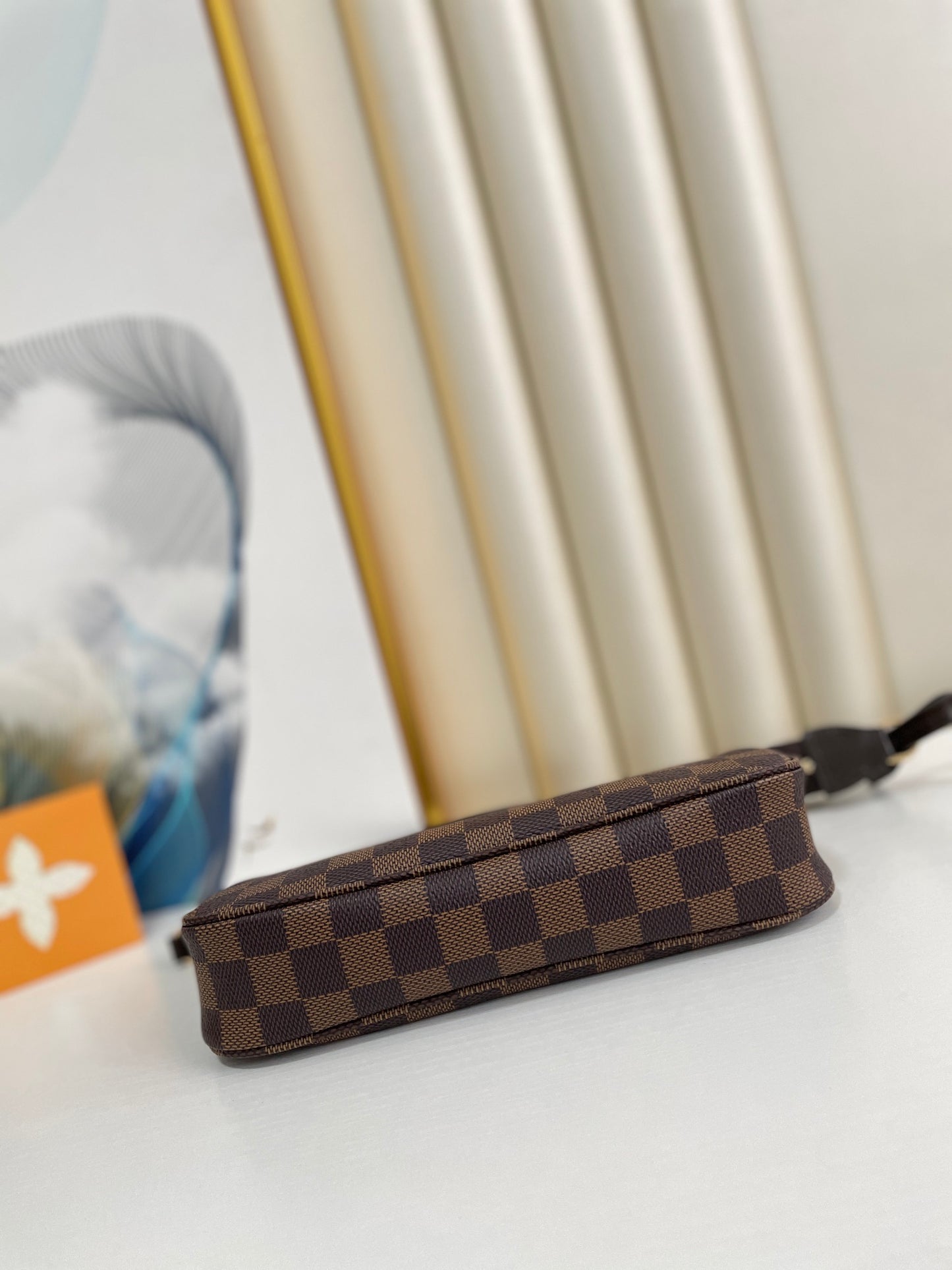 Luxury Damier Ebène Style Brown Checkered Canvas Mini Pochette with Leather Strap