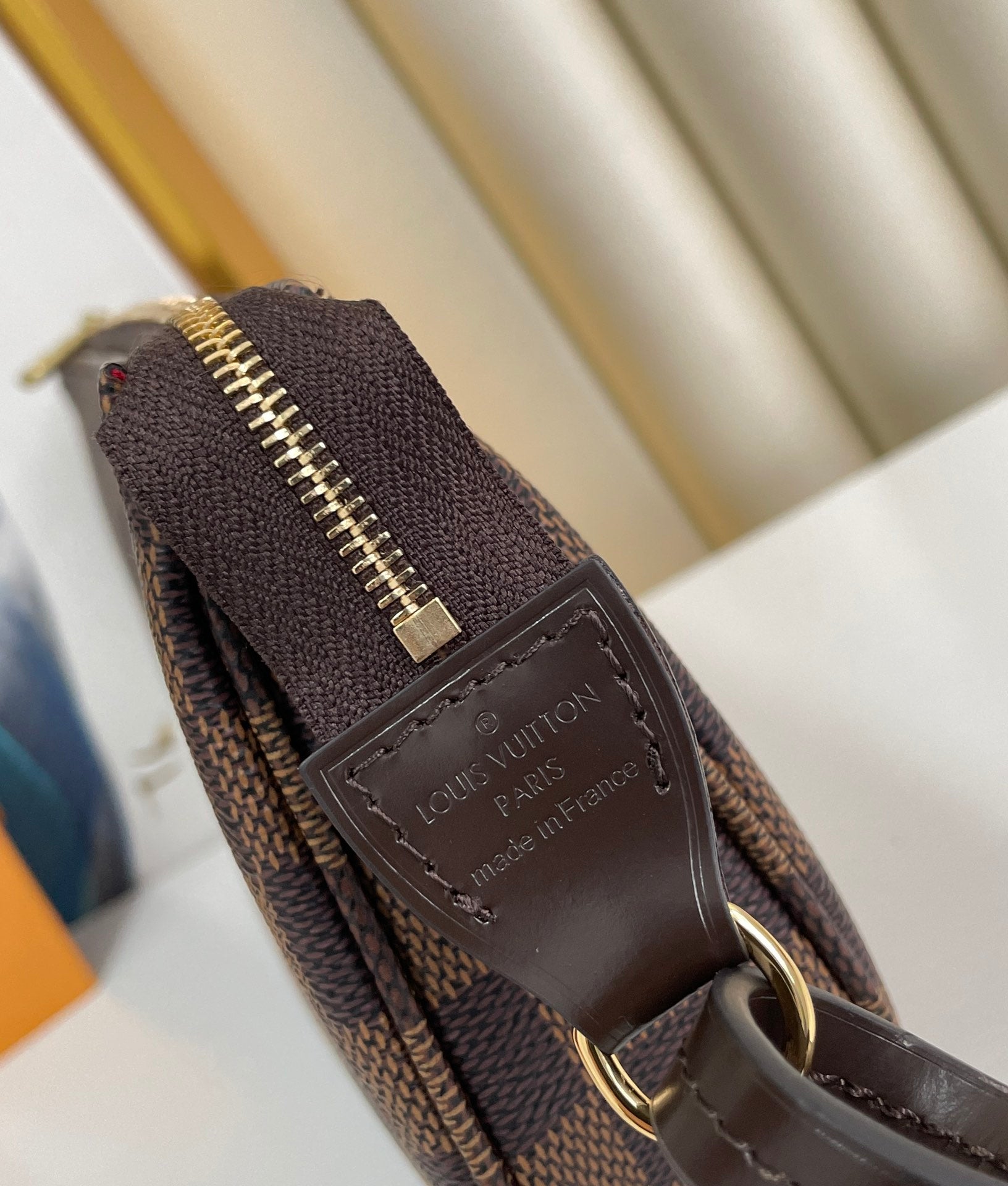 Luxury Damier Ebène Style Brown Checkered Canvas Mini Pochette with Leather Strap