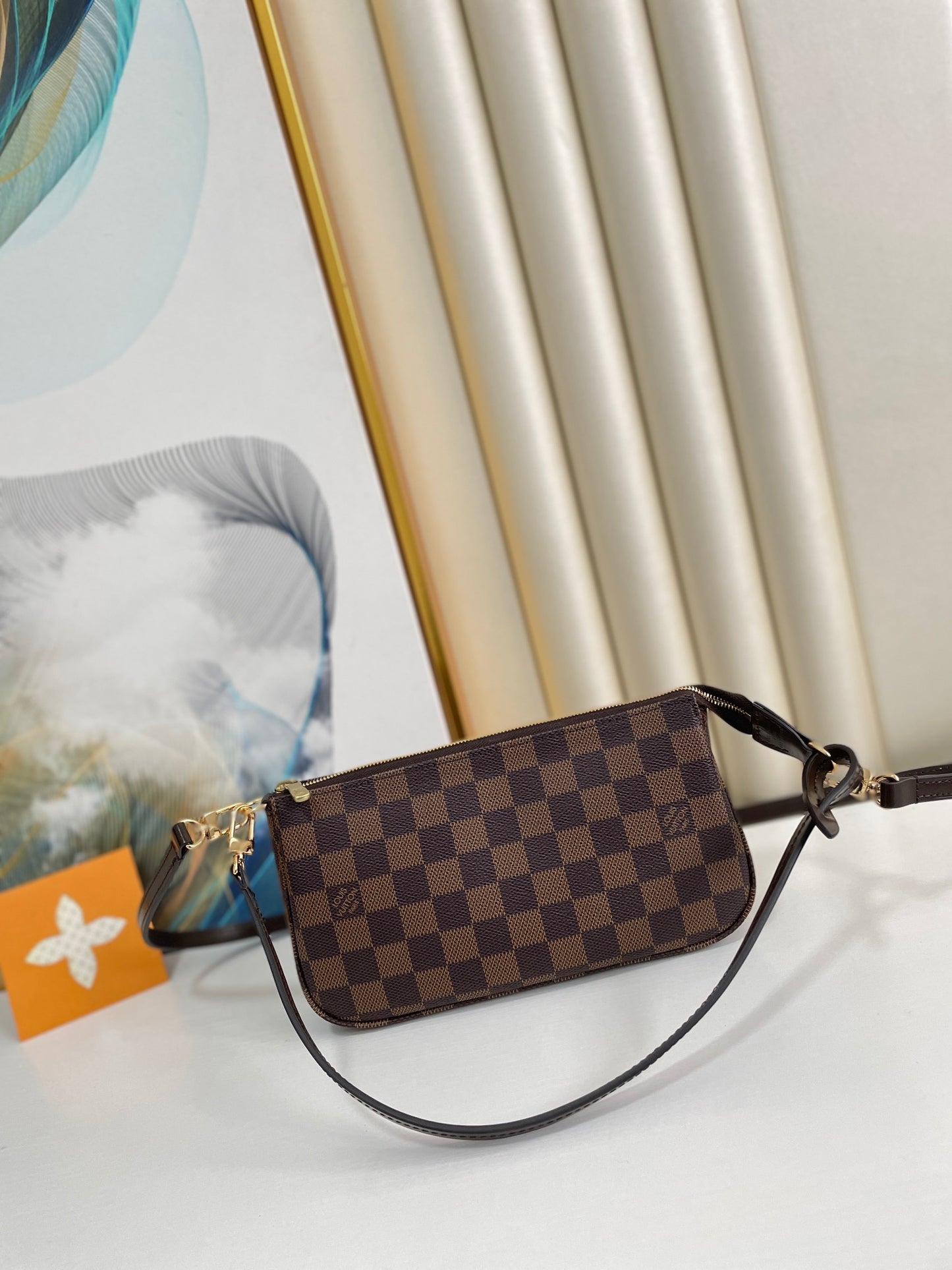 Luxury Damier Ebène Style Brown Checkered Canvas Mini Pochette with Leather Strap