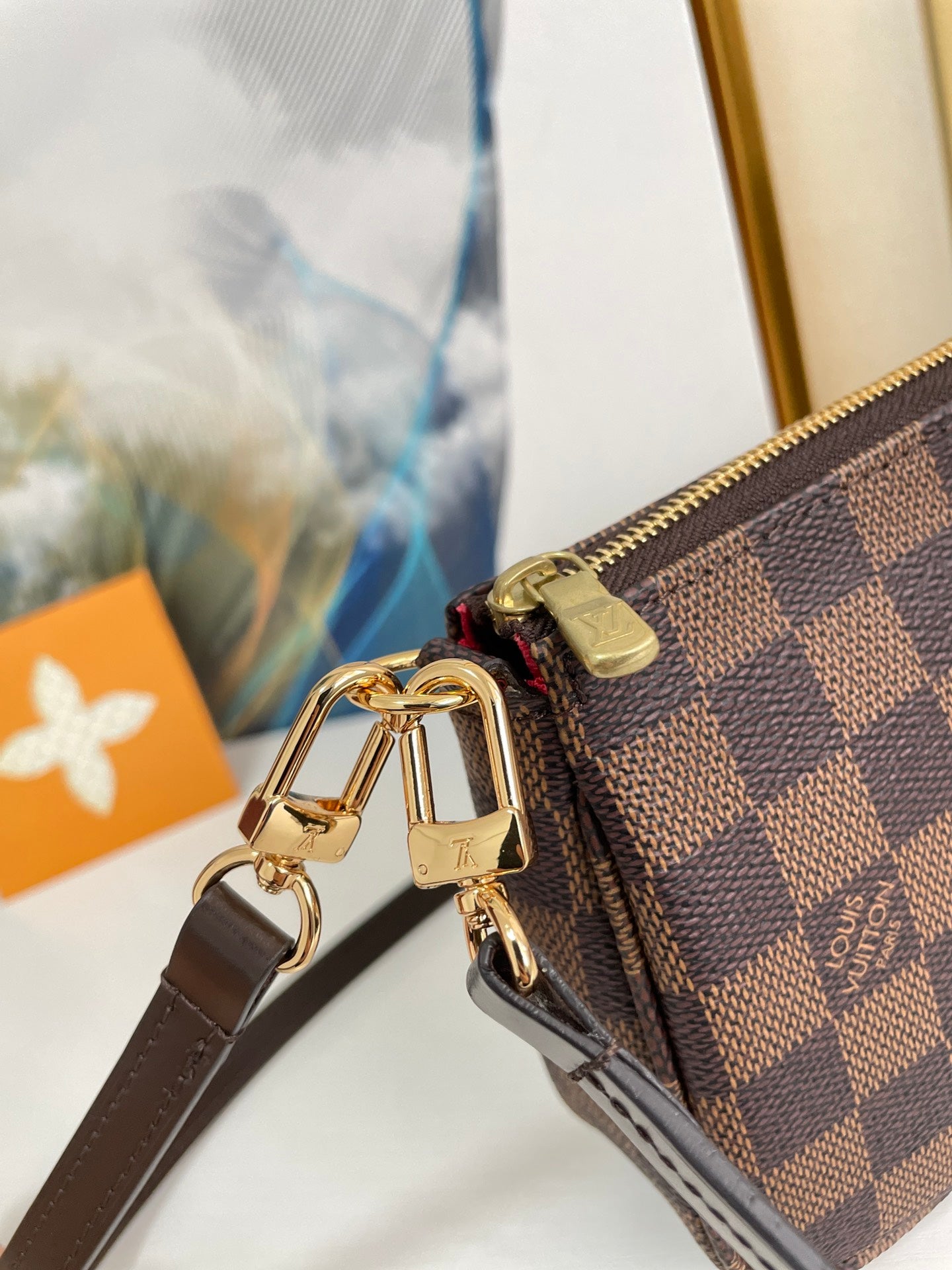 Luxury Damier Ebène Style Brown Checkered Canvas Mini Pochette with Leather Strap