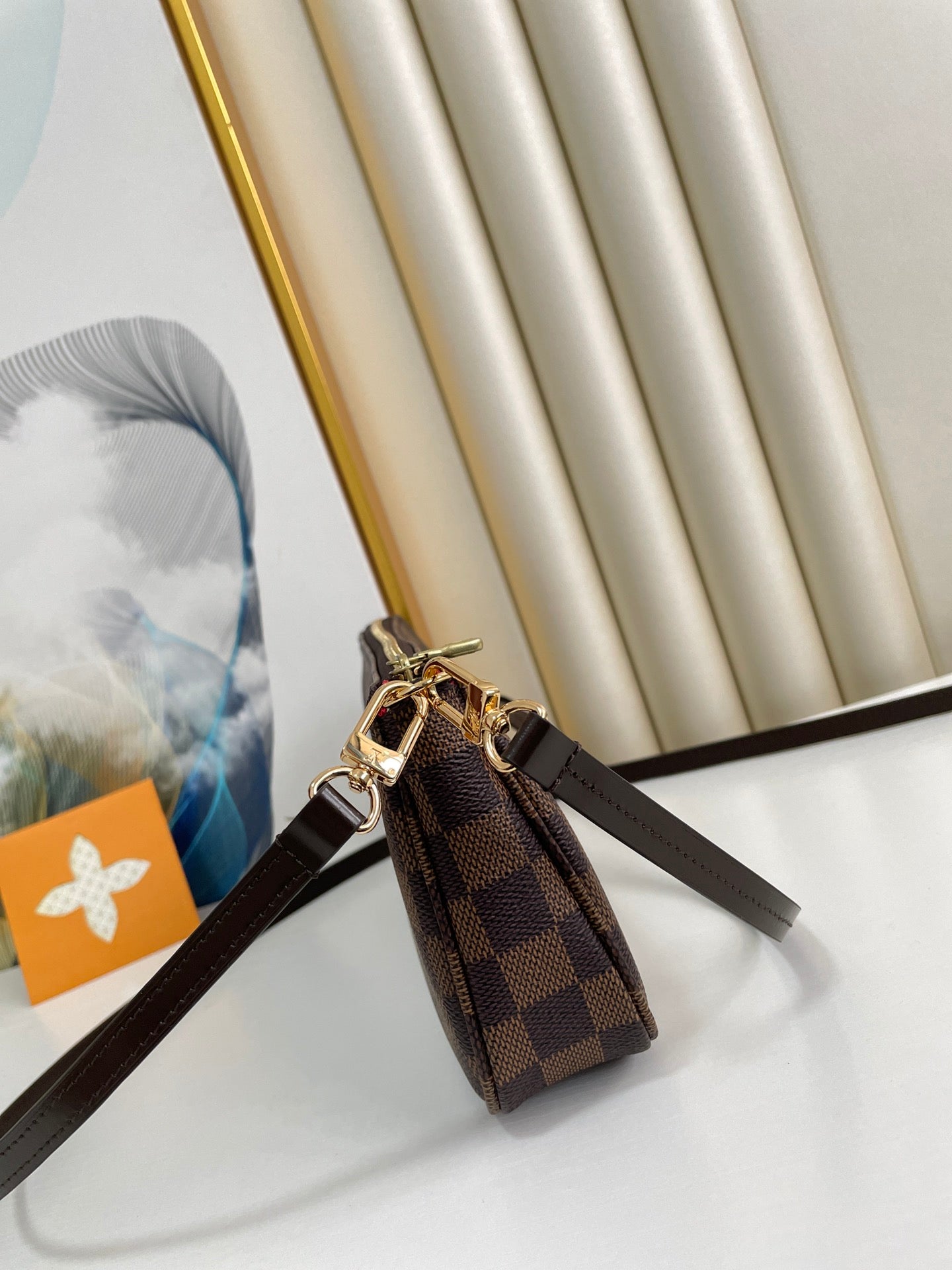 Luxury Damier Ebène Style Brown Checkered Canvas Mini Pochette with Leather Strap