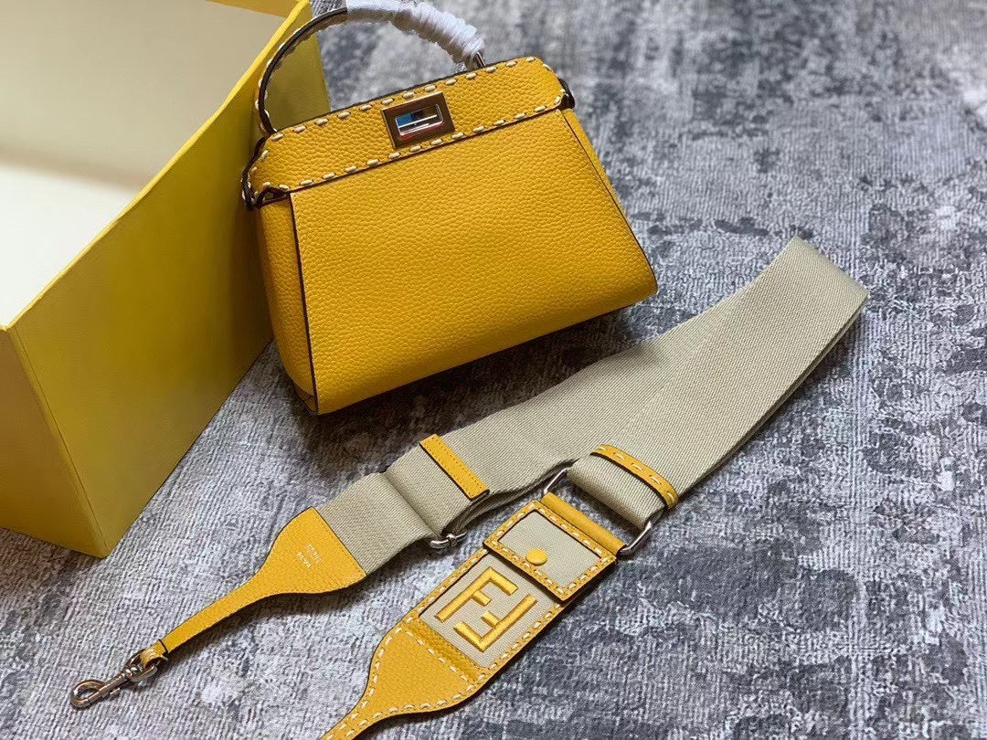 Fendi Peekaboo Mini Yellow Leather Handbag with FF Logo Nano Baguette Accessory