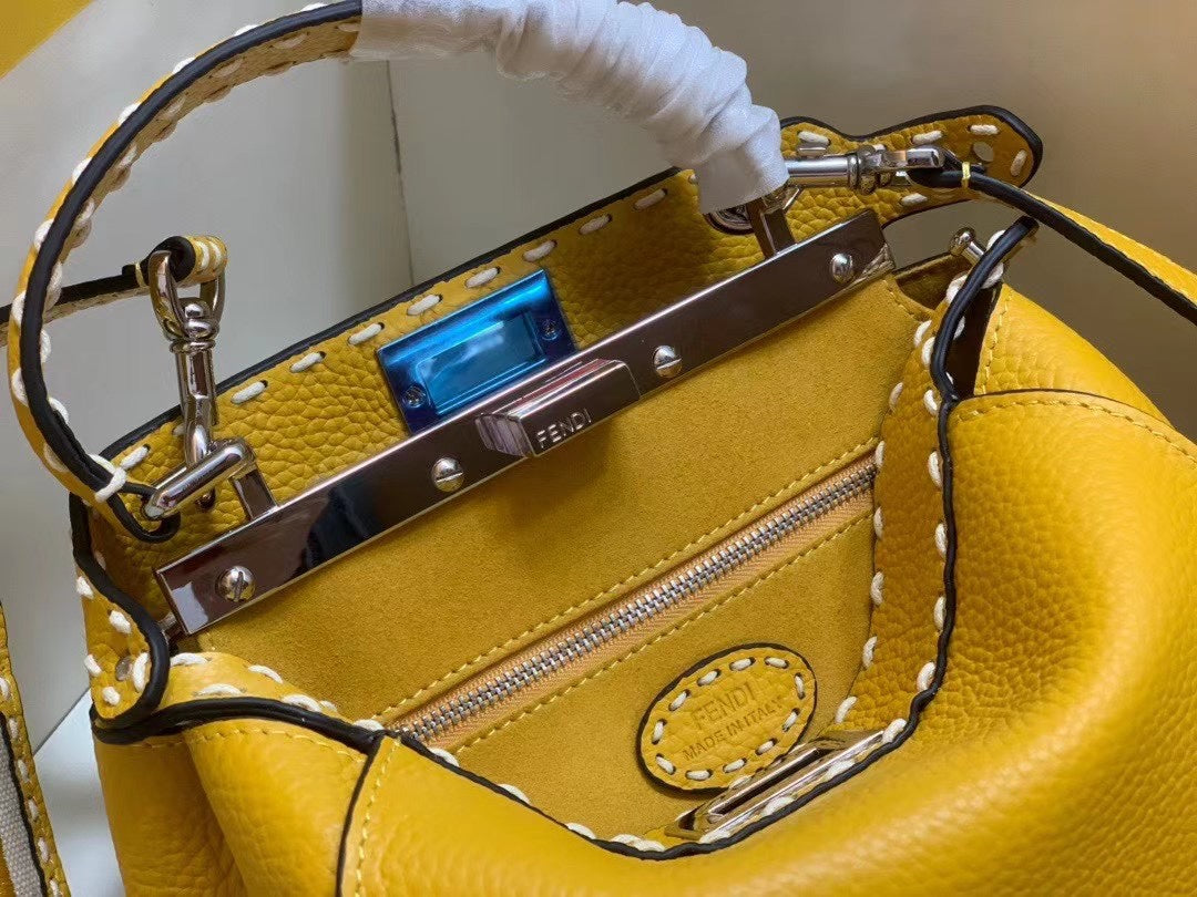 Fendi Peekaboo Mini Yellow Leather Handbag with FF Logo Nano Baguette Accessory