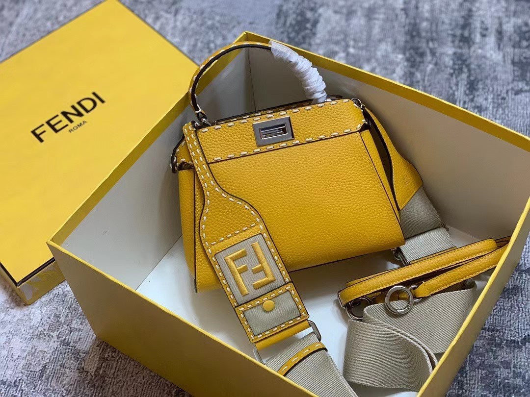 Fendi Peekaboo Mini Yellow Leather Handbag with FF Logo Nano Baguette Accessory
