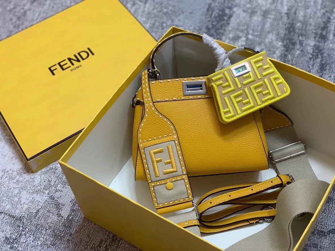 Fendi Peekaboo Mini Yellow Leather Handbag with FF Logo Nano Baguette Accessory