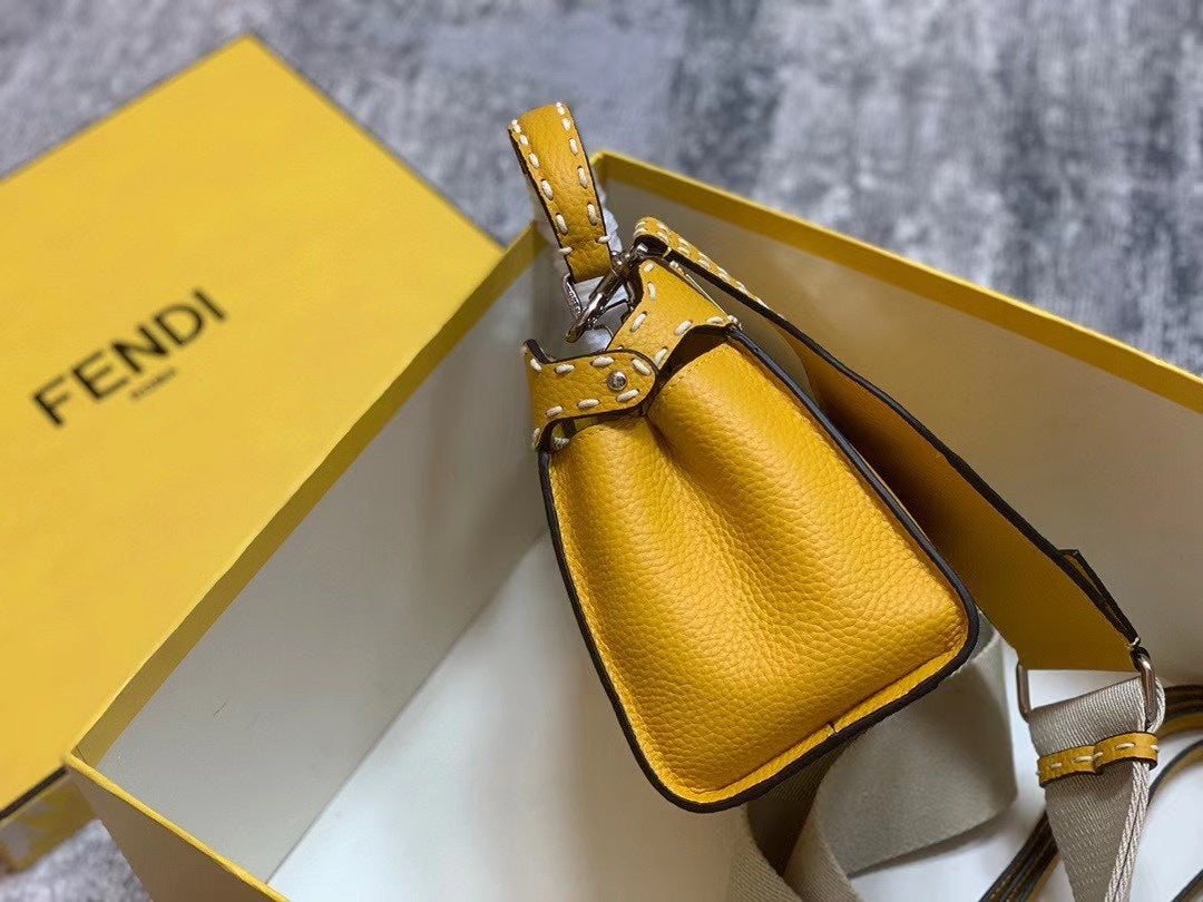 Fendi Peekaboo Mini Yellow Leather Handbag with FF Logo Nano Baguette Accessory