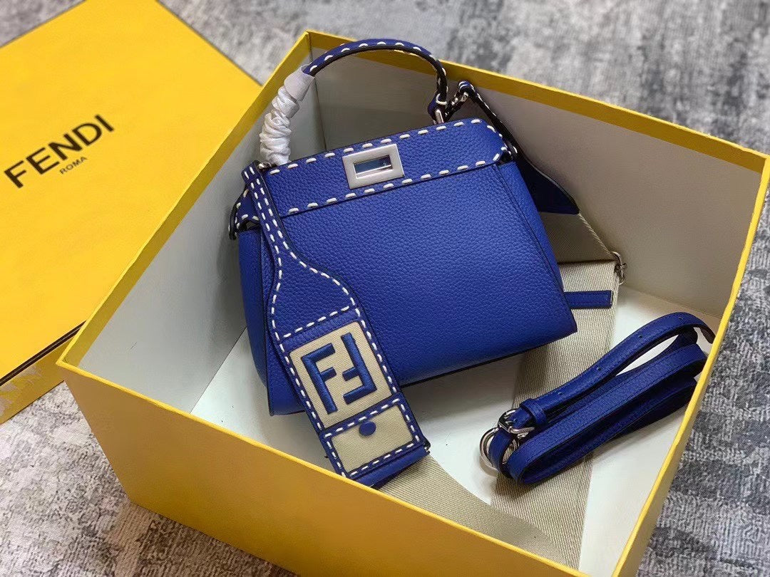Fendi Peekaboo Selleria Mini Blue Leather Handbag with FF Logo Charms