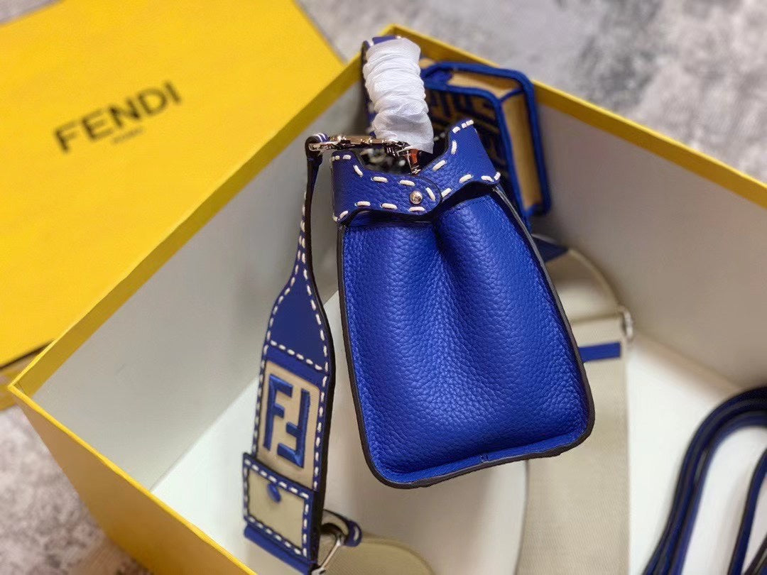 Fendi Peekaboo ISeeU Petite Royal Blue Leather Handbag with FF Monogram Pouch