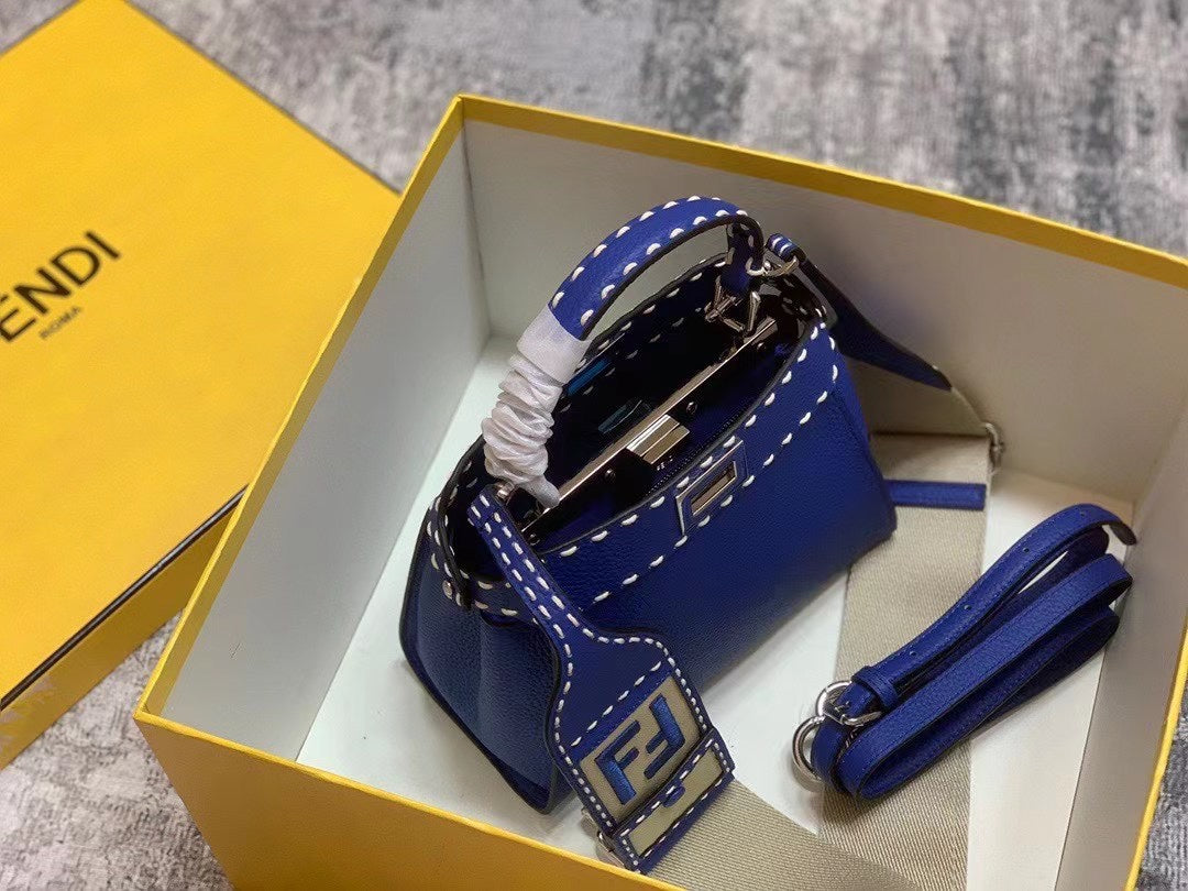 Fendi Electric Blue Leather Handbag with Contrast Stitching and FF Logo Accessory