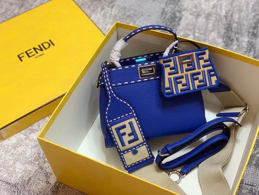 Fendi Peekaboo Iconic Mini Blue Leather Handbag with FF Logo Charm