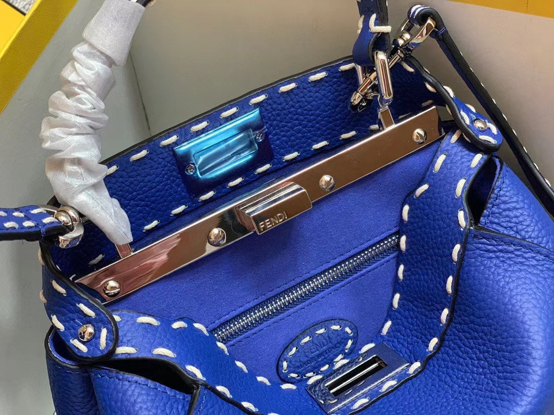 Fendi Electric Blue Leather Handbag with Contrast Stitching and FF Logo Accessory