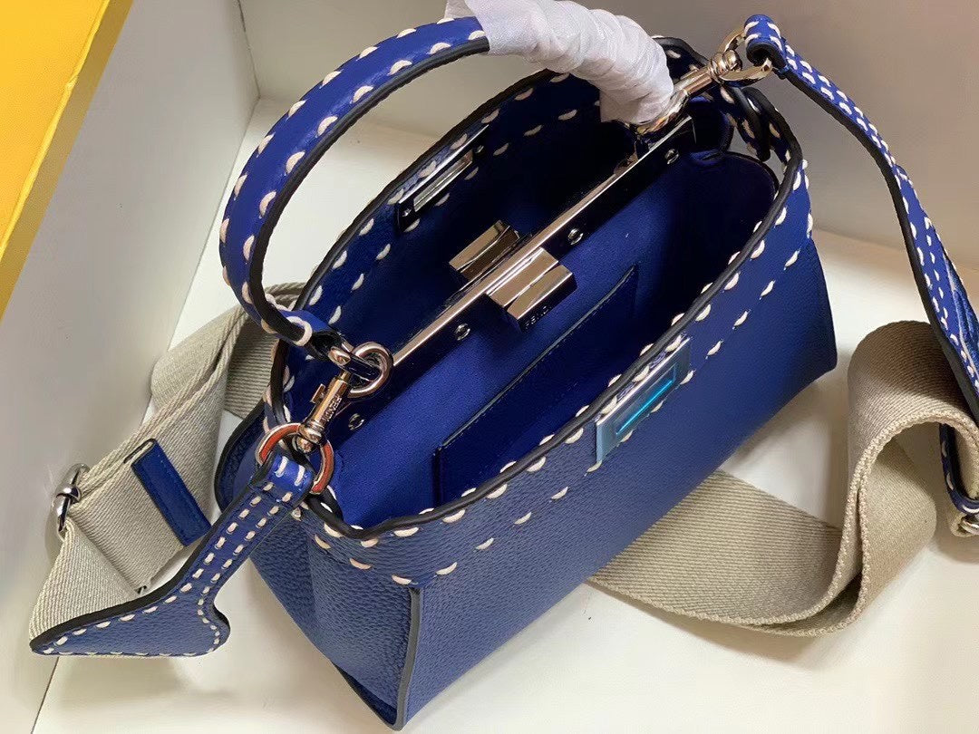 Fendi Electric Blue Leather Handbag with Contrast Stitching and FF Logo Accessory