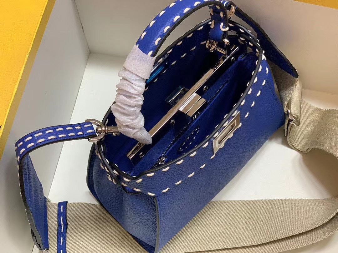 Fendi Peekaboo ISeeU Petite Royal Blue Leather Handbag with FF Monogram Pouch
