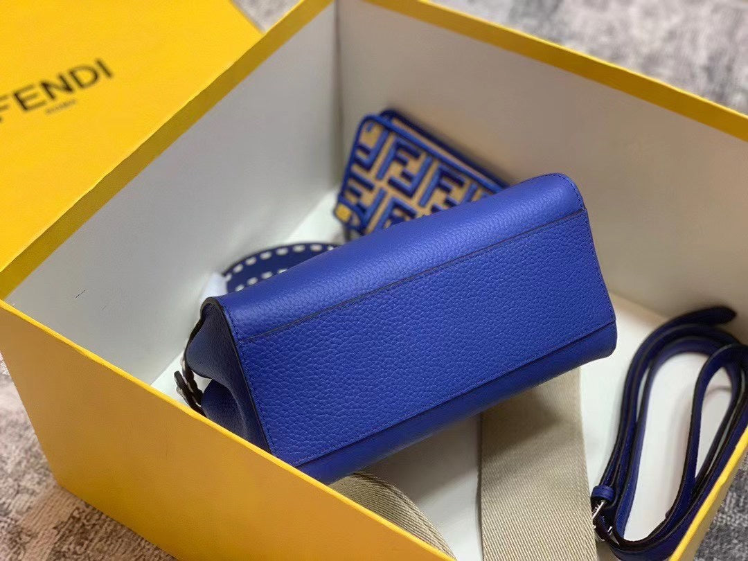 Fendi Electric Blue Leather Handbag with Contrast Stitching and FF Logo Accessory