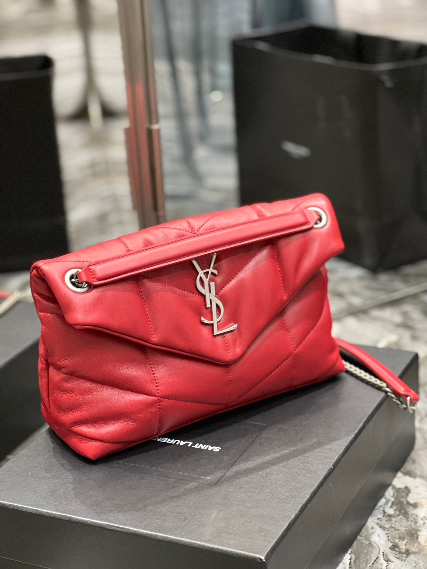 Saint Laurent Small Loulou Puffer Bag in Quilted Lambskin Red with Silver Hardware