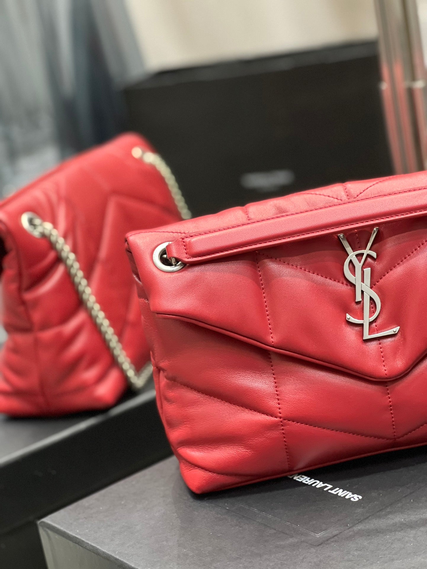Saint Laurent Small Loulou Puffer Bag in Quilted Lambskin Red with Silver Hardware