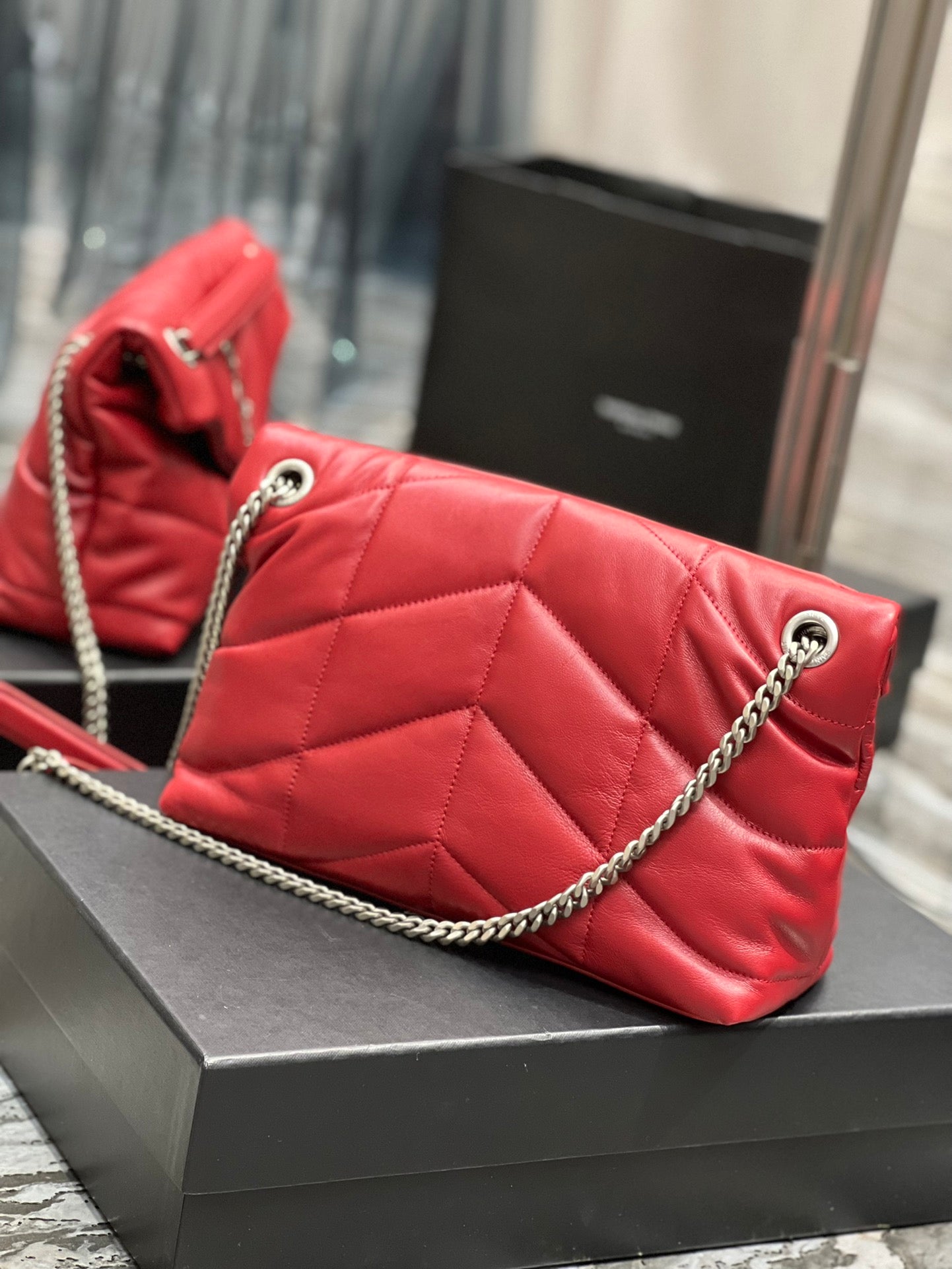 Saint Laurent Small Loulou Puffer Bag in Quilted Lambskin Red with Silver Hardware
